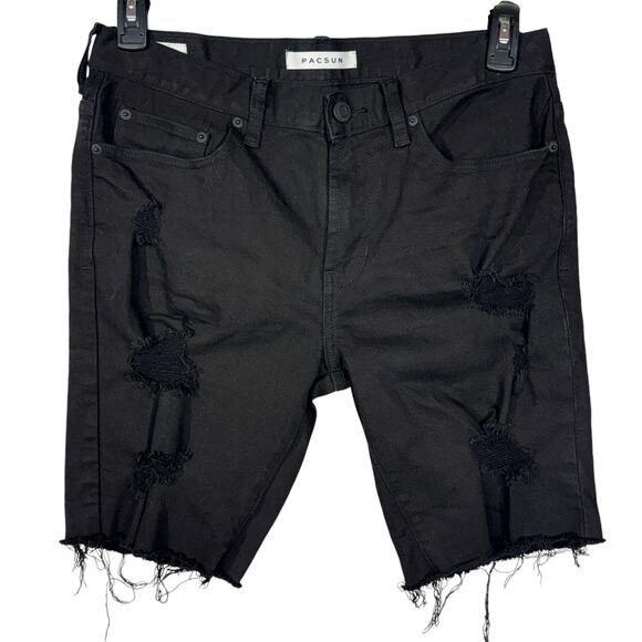 PacSun SZ 31 Skinny Bermuda Jean Shorts Distressed Mid-Rise Frayed Hems Black - Picture 1 of 8
